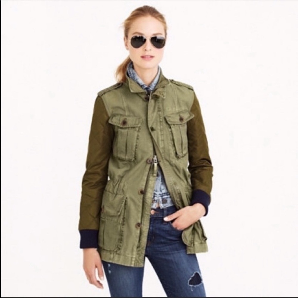 J CREW QUILTED SLEEVE BOYFRIEND FATIGUE UTILITY JACKET Olive Green Sz M